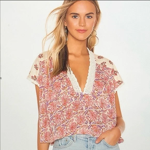Free People Pink Floral Crop Leilani Blouse XS - Picture 2 of 6